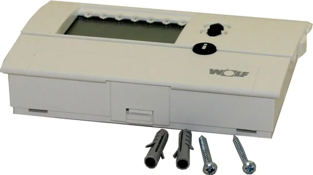WOLF Produkt zur Fernsteuerung, ausgestattet mit einem Display und mehreren Bedienelementen, sowie Montagezubehör in Form von Schrauben und Dübel.